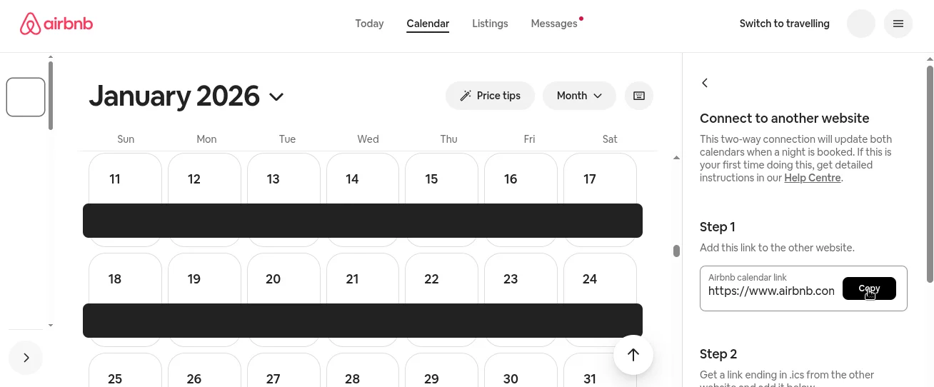 Airbnb Connect to another website dialog with Copy button
